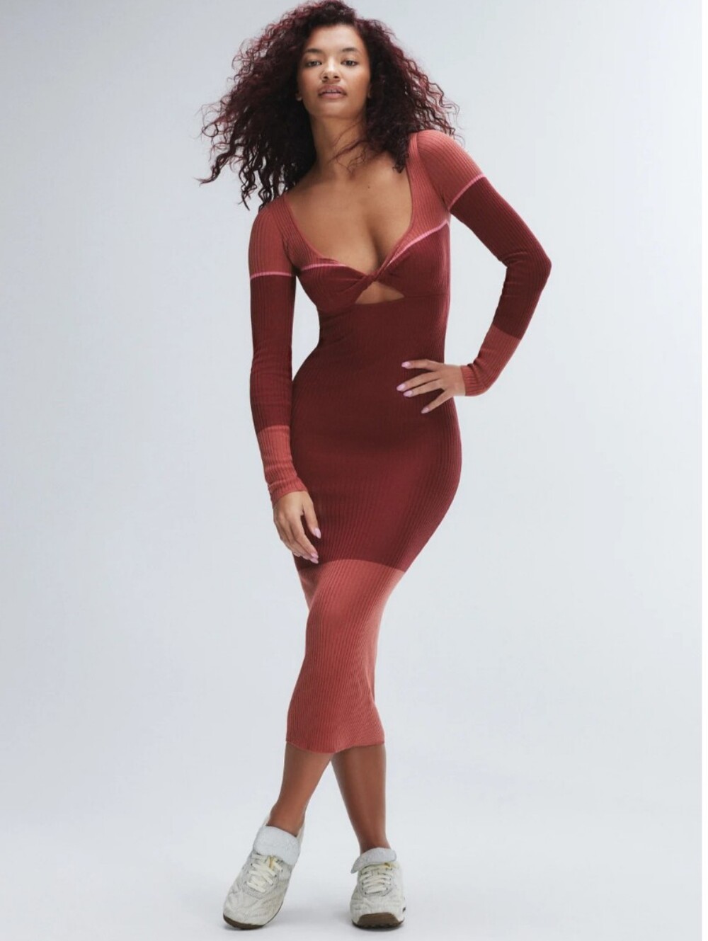 NWT Savage X Fenty Red Featherweight Knit Twist Long Sleeve Midi Dress Small